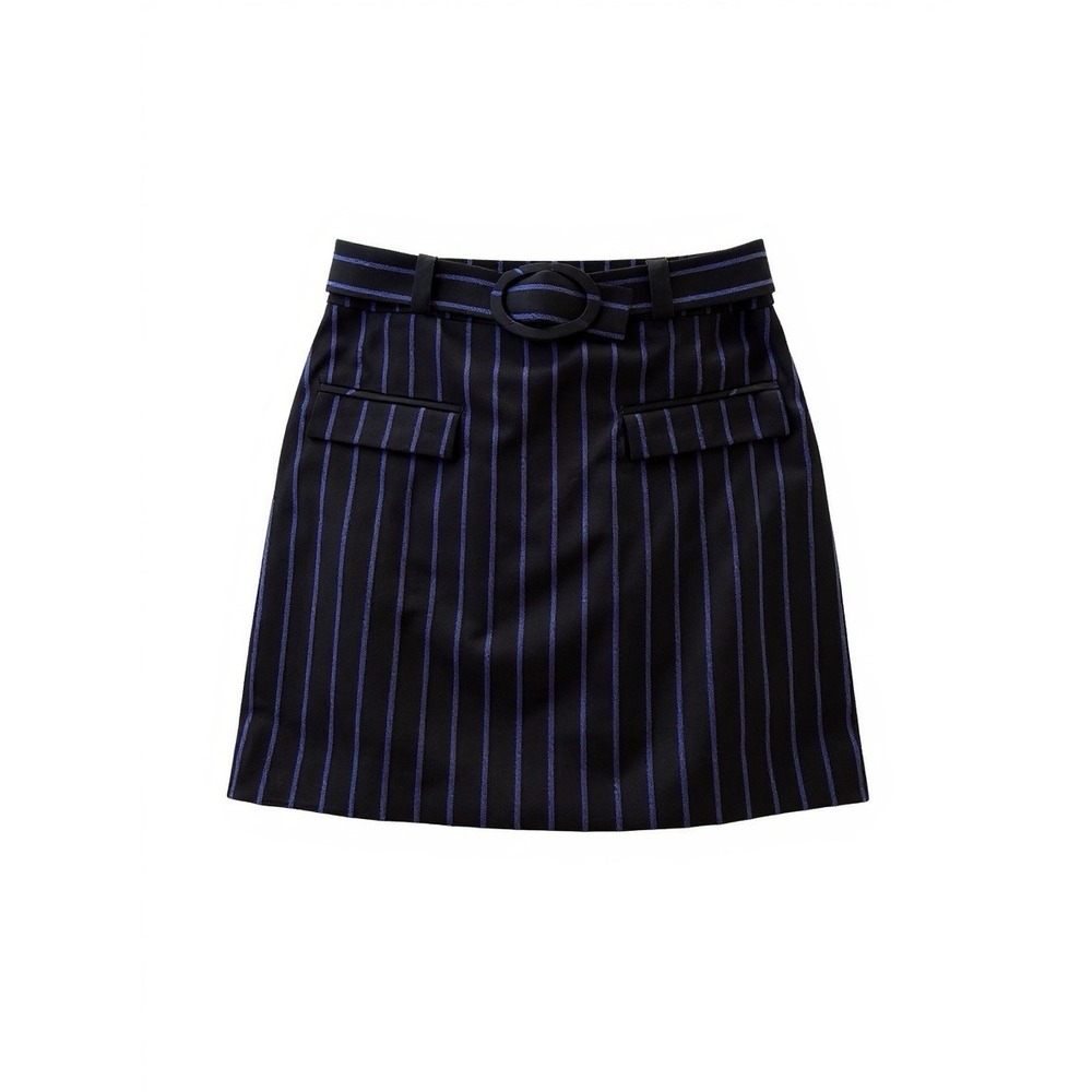Lovers + Friends Skirt Womens Large Black‎ Blue Pinstripe Belted Mini High Waist